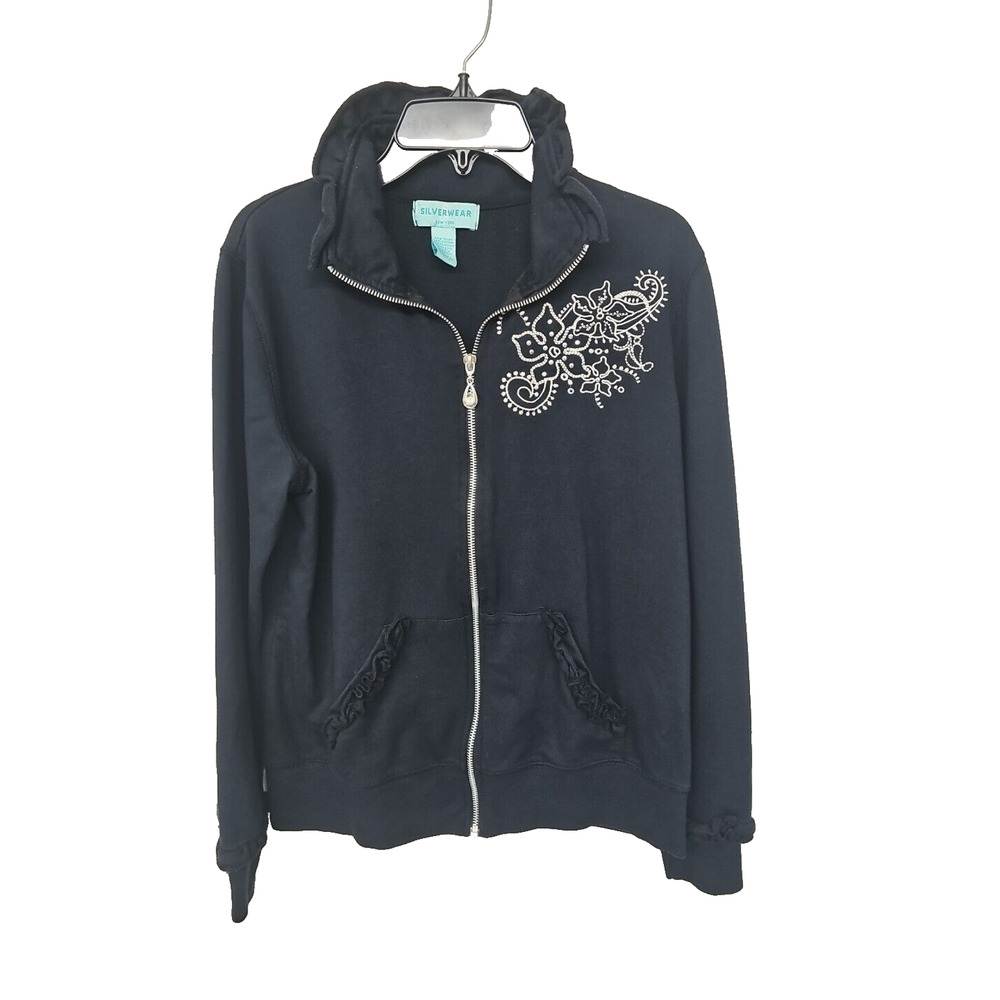 Silverwear NY Ruffled Jacket Black Embroidered, Zip Up, Pockets Size Small